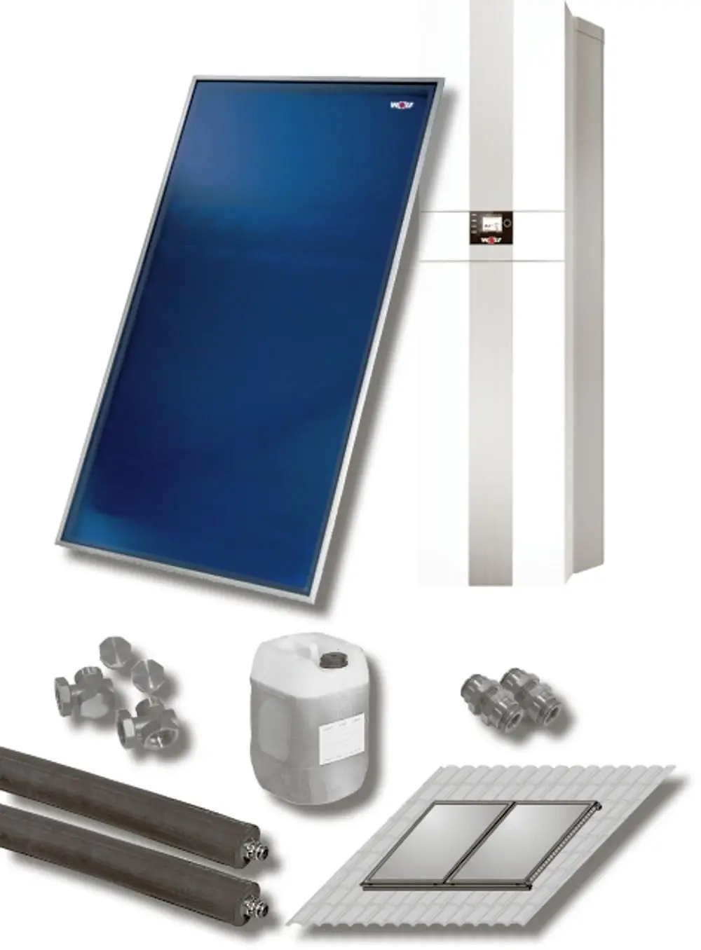 Wolf Solar-Kollektor mit zwei Flachkollektoren, einem Heizkreisgerät und Zubehörteilen wie Verbindungsstücken und einem Behälter, auf hellem Hintergrund angeordnet.